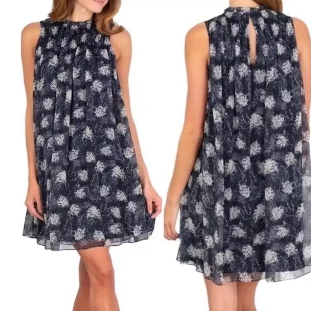 Joie Mini Swing Dress Womens M Black‎ Baltic Print High Ruffle Neck Chiffon New